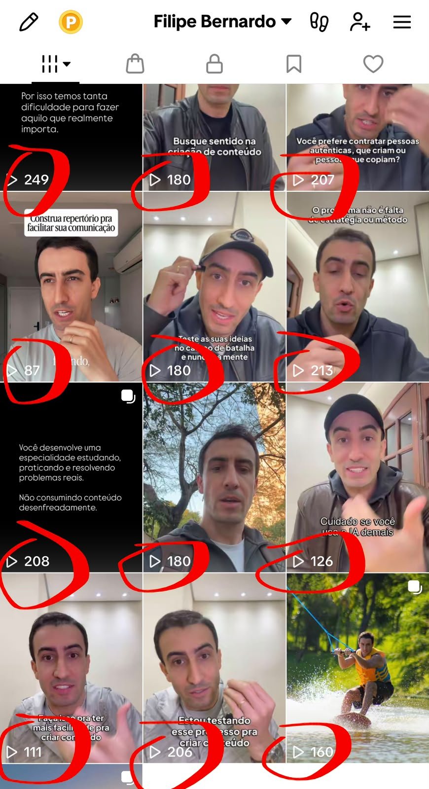 Perfil com vídeos de baixo alcance, entre 100 e 200 visualizações