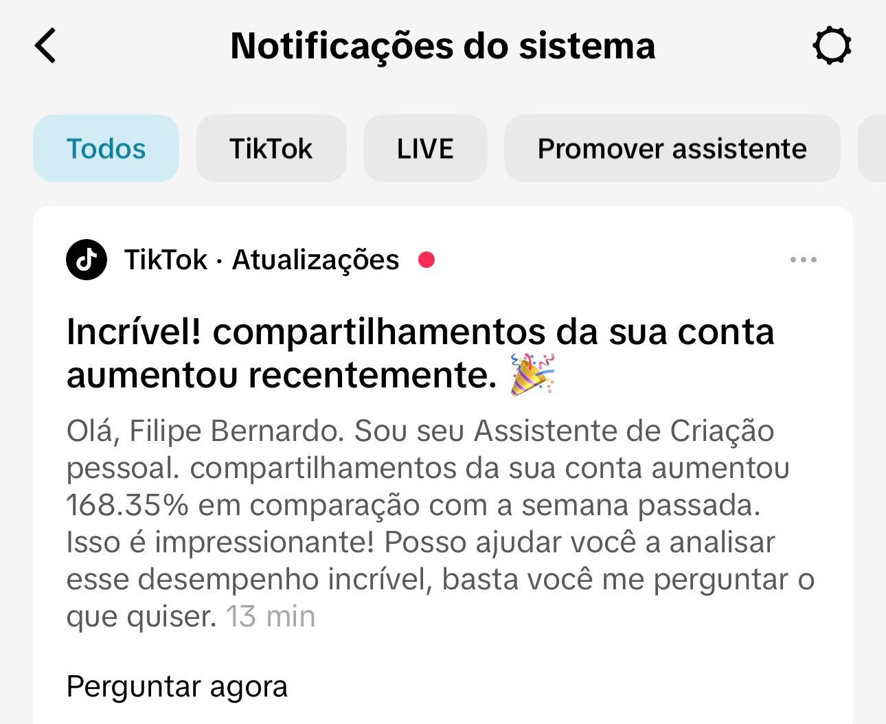 Notificação de aumento de 168,35% nos compartilhamentos